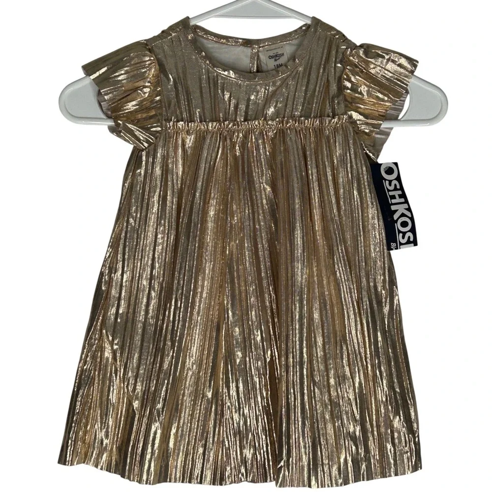 OshKosh B'Gosh Gold Short Ruffle‎ Sleeve Lined Dress Baby Girl size 18M NWT